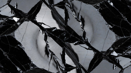 Dramatic digital artwork showcasing moody black tones, reflective surfaces, and intricate crack patterns with volcanic texture influences. Ideal for premium commercial wallpapers, luxury product designs, and high-end digital interfaces in tech and fashion industries. The edge-lit composition evokes depth and sophistication for versatile marketing and branding... AI-generated digital illustration. AI-generated illustration.の素材