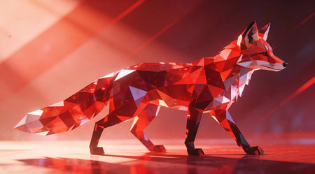 A creative digital illustration depicting High-end stock digital art of abstract fox composed of shimmering crimson polygons, dynamic diagonal composition, warm spotlight lighting, energetic and sophisticated mood in ruby tones. This AI-generated artwork features unique visual elements suitable for various commercial and editorial applications. AI-generated illustration.の素材