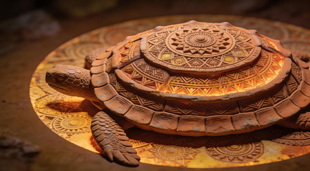 A creative digital illustration depicting Professional stock art of surreal abstract turtle shell as layered terracotta mandalas, grounded circular composition on earth tones, warm underlighting, ancient and textured style. This AI-generated artwork features unique visual elements suitable for various commercial and editorial applications. AI-generated illustration.の素材