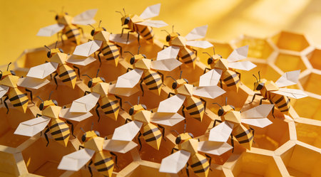 A creative digital illustration depicting High-quality commercial art of origami swarm of bees in formation, precise paper folds clustering, honey yellow gradients, natural sunlight filtering, industrious geometric hive. This AI-generated artwork features unique visual elements suitable for various commercial and editorial applications. AI-generated illustration.の素材