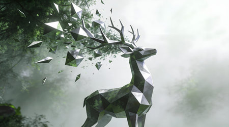 A creative digital illustration depicting High-quality creative illustration of geometric deer antlers exploding into polyhedral shapes in forest greens and silvers, elegant upright pose on misty white background, soft volumetric lighting. This AI-generated artwork features unique visual elements suitable for various commercial and editorial applications. AI-generated illustration.の素材