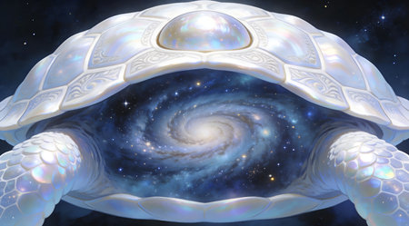 A creative digital illustration depicting Professional illustration of shell-patterned turtle morphing into spiral galaxies in pearlescent whites and deep blues, domed shell center, cosmic shimmer lighting, ancient and cosmic mood. This AI-generated artwork features unique visual elements suitable for various commercial and editorial applications. AI-generated illustration.の素材