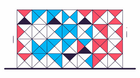 A creative digital illustration depicting Complex tessellation of pentagons in cobalt blue and coral...