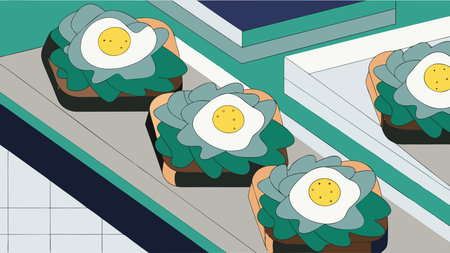 Creative flat lay digital artwork showcasing vibrant green and yolk yellow palette with morning...