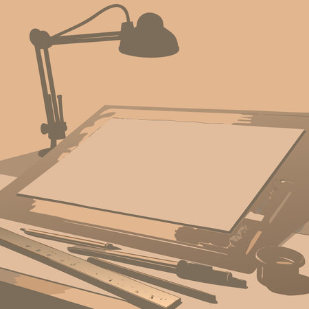 Professional digital artwork in angled perspective highlighting a focused drafting setup with warm...