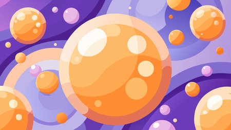 Whimsical vector graphic of overlapping bubbly circles in soft lavender and vibrant tangerine hues,...