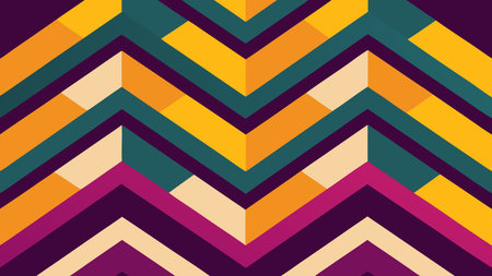 Dynamic vector graphic of chevron fields in rich plum and pineapple hues, featuring zigzagging...