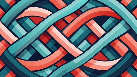 Clean vector illustration featuring intricate braided loops interwoven in vibrant coral and slate...