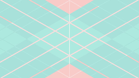 Serene minimalist vector graphic featuring fine grid lines intersecting in soft pastel pink and mint...