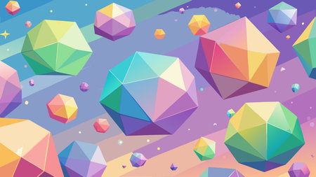 Whimsical geometric vector design featuring floating polyhedrons in pastel rainbow colors, with...