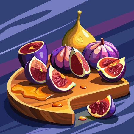 Elegant digital illustration showcasing a gourmet food arrangement bathed in soft evening light with...