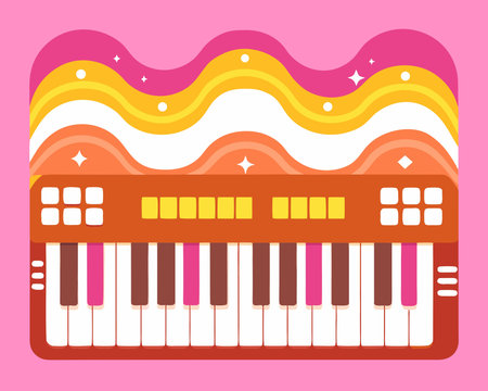 Vibrant digital illustration capturing an electrifying fusion of electronic soundscapes and natural light phenomena through wavy, flowing forms in a panoramic composition. Perfect for music album artwork, EDM event posters, dynamic wallpapers, and creative tech branding. Its energetic mood and luminous style offer high business appeal for designers and mark. AI-generated vector illustration. AI-generated illustration.のイラスト素材