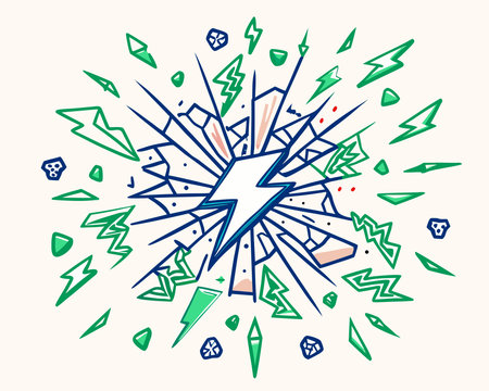 Intense digital artwork channeling punk rock rebellion through fragmented, sharp-edged forms and...