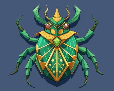 Captivating futuristic geometric style digital artwork with luxurious emerald green alloy tones, gleaming gold rivets, and symmetrical defensive curl compositions exuding plated armor sheen and fortified elegance. Perfect for sci-fi graphics, fantasy game designs, jewelry motifs, tech branding, and premium promotional visuals. Versatile for book covers, poste. AI-generated vector illustration. AI-generated illustration.のイラスト素材