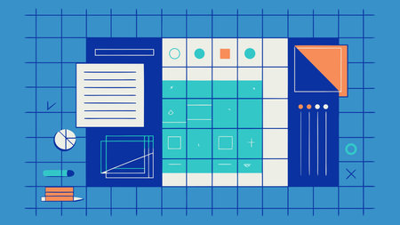 Meticulous digital artwork featuring a precise layout grid in blueprint blues, enhanced by...