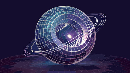Futuristic digital artwork displaying subtle rotations in 3D wireframe designs with luminous wire...