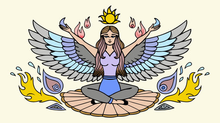 Ethereal abstract design featuring soft flame textures and fluid forms in pale amber and violet palettes, illuminated by gentle upward lighting for a dramatic yet serene vertical composition. This empowering, transformative artwork suits motivational branding, spiritual wellness campaigns, personal growth posters, and inspirational digital graphics for wellne. AI-generated vector illustration. AI-generated illustration.のイラスト素材