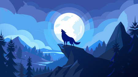 Captivating minimalist silhouette artwork with  black-and-white contrasts and dramatic moonlit blue hour lighting, conveying a powerful nocturnal mood. Perfect for business applications like wildlife posters, book covers, t-shirt designs, and adventure branding. The versatile high-contrast graphic suits nature enthusiasts and creative industries. . AI-generated vector illustration. AI-generated illustration.のイラスト素材