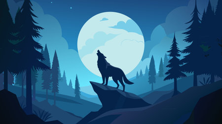 Wide-angle minimalist composition evoking primal wilderness mood through moonlight illumination and...