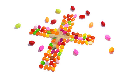 Vibrant candy art style overhead macro composition with top-lit colorful shadows, evoking a playful...