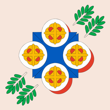 Artisanal flat lay composition in overhead perspective with soft studio lighting and subtle shadows, evoking an inviting traditional Easter bakery mood infused with fresh spring herb elements. Ideal for business use in bakery ads, holiday menus, recipe blogs, greeting cards, food packaging, and seasonal promotional for bakers, caterers, and culinary brands. V. AI-generated vector illustration. AI-generated illustration.のイラスト素材