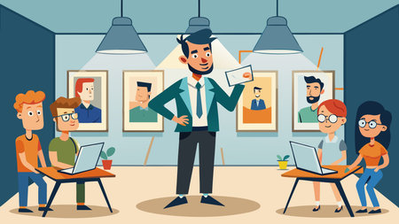 Dynamic digital illustration evoking a visionary and critical mood in a creative huddle setting,...