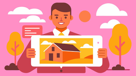 Dynamic digital artwork in professional realty business style, illuminated by warm golden hour sunlight with an aspirational and client-focused mood. Ideal for digital estate promotional campaigns, virtual tour promotions, client engagement materials, and business websites targeting property professionals. The engaging duo composition offers versatile business v. AI-generated vector illustration. AI-generated illustration.のイラスト素材