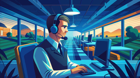 Engaging digital artwork in immersive POV style showcasing a dynamic tech support scene with cool...