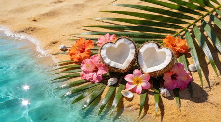 Exotic paradise flat lay composition evoking vacation romance with dramatic midday shadows, fibrous textures, and vibrant turquoise tones for an immersive tropical mood. Ideal for Valentine's Day campaigns, travel promotions, wedding graphics, romantic apparel, and lifestyle branding. Versatile for social media visuals, invitations, and advertising targeting ... AI-generated digital illustration. AI-generated illustration.の素材