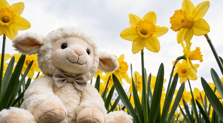 A creative digital illustration depicting Adorable Easter lamb with bow tie among daffodils, low-angle heroic composition, soft overcast lighting, cute plush toy realism style, festive cheerful mood, ultra-sharp stock photography.. This AI-generated artwork features unique visual elements suitable for various commercial and editorial applications. AI-generated illustration.の素材