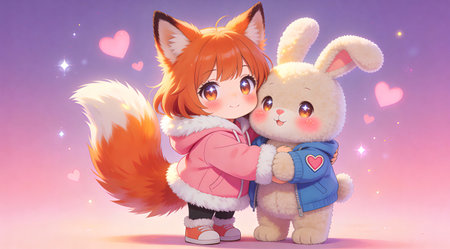 Charming chibi kawaii character design with vibrant anime-inspired lighting and a tender shy romantic mood. Perfect for commercial applications like anime merchandise, greeting cards, stickers, social media avatars, and plush toy packaging targeting otaku fans, young adults, and kawaii enthusiasts. Full-body composition adds playful expressiveness ideal for a... AI-generated digital illustration. AI-generated illustration.の素材