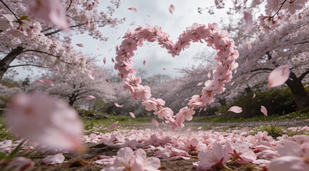 A creative digital illustration depicting Delicate pink cherry blossoms petals forming heart shape on breeze, dynamic falling composition, soft spring overcast light, ethereal botanical style, fragile beauty mood, crisp 123RF image.. This AI-generated artwork features unique visual elements suitable for various commercial and editorial applications. AI-generated illustration.の素材