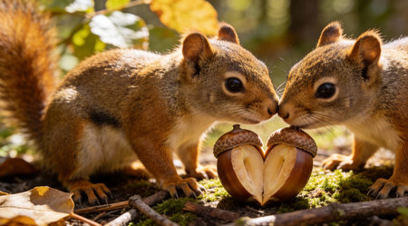 Charming digital illustration in a whimsical wildlife style, featuring soft dappled lighting and lush forest textures for a warm, endearing mood. Ideal for greeting cards, children's books, nature posters, and romantic stationery designs targeting families, educators, and gift markets. Versatile for print and digital media in publishing and advertising. . AI-generated digital illustration. AI-generated illustration.の素材