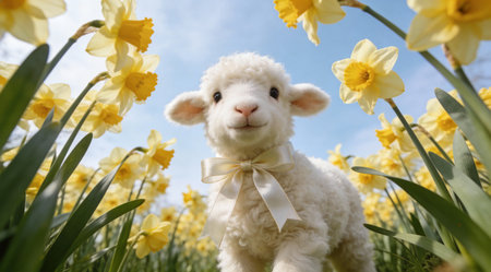 Charming digital illustration showcasing a cute style with soft pastel overhead lighting and dynamic low-angle composition, emphasizing fine texture details for a whimsical touch. Evokes a peaceful and festive mood, ideal for Easter cards, spring holiday graphics, children's storybooks, seasonal merchandise, and promotional designs. Versatile for commercial u... AI-generated digital illustration. AI-generated illustration.の素材