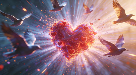 A creative digital illustration depicting Abstract birds dissolving into heart particles in flight, explosive radial composition, dynamic motion lighting, particle effect style, liberating love mood, high-end 123RF photography. This AI-generated artwork features unique visual elements suitable for various commercial and editorial applications. AI-generated illustration.の素材