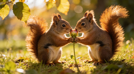 A creative digital illustration depicting Springtime scene of a cute squirrel couple sharing a flower bud in a sunny glade, environmental portrait composition with blurred bokeh background, warm midday sunlight filtering through leaves, photo. This AI-generated artwork features unique visual elements suitable for various commercial and editorial applications. AI-generated illustration.の素材