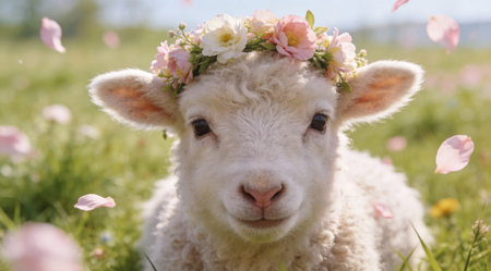 Delightful pastoral artwork in a cute whimsical style evoking peaceful innocence and soft petal glow. Ideal for Easter cards, spring festivals, children's books, greeting designs, and family-oriented merchandise. Its centered composition and gentle mood enhance commercial appeal in holiday marketing and decorative prints. . AI-generated digital illustration. AI-generated illustration.の素材