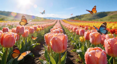 A creative digital illustration depicting Vibrant spring tulip field with butterflies fluttering around dew-covered blooms, rule of thirds composition leading to distant hills, bright natural midday light with lens flare, hyper-realistic natu. This AI-generated artwork features unique visual elements suitable for various commercial and editorial applications. AI-generated illustration.の素材