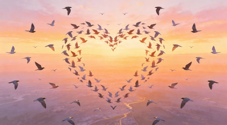 A creative digital illustration depicting Abstract flock of birds forming a heart shape in pastel skies, symmetrical aerial composition, soft gradient sunset lighting, ethereal digital art style, loving freedom mood, high-res professional sto. This AI-generated artwork features unique visual elements suitable for various commercial and editorial applications. AI-generated illustration.の素材