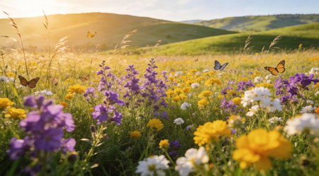 A creative digital illustration depicting Sunny meadow with wildflowers and distant hills, expansive depth composition, golden hour warm light, pastoral landscape style, joyful outdoor spring mood for stock. This AI-generated artwork features unique visual elements suitable for various commercial and editorial applications. AI-generated illustration.の素材