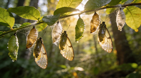 Vibrant digital illustration in macro cluster composition with dappled sunlight filtering through lush canopy, evoking transformative renewal and delicate natural beauty. Perfect for eco-friendly branding, wellness packaging, educational materials, and inspirational decor. Appeals to designers, environmentalists, and marketers needing evocative nature-themed ... AI-generated digital illustration. AI-generated illustration.の素材