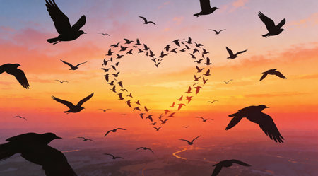 A creative digital illustration depicting Abstract flock of birds forming heart shape in sky, aerial wide composition, sunset silhouette lighting, surreal digital art style, loving freedom mood, professional stock quality, gradient skies.. This AI-generated artwork features unique visual elements suitable for various commercial and editorial applications. AI-generated illustration.の素材