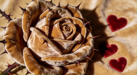 A creative digital illustration depicting Velvet-textured abstract love rose with thorn hearts, close-up textured composition, dramatic side lighting with shadows, luxurious fabric style, sensual depth mood, tactile premium stock.. This AI-generated artwork features unique visual elements suitable for various commercial and editorial applications. AI-generated illustration.の素材