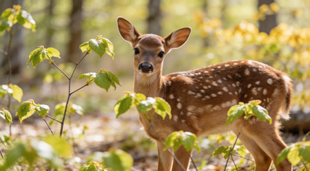 A creative digital illustration depicting Baby deer in spring forest with new leaves, tender wildlife composition, dappled sunlight through canopy, soft realistic photography style, innocent rebirth mood, premium stock.. This AI-generated artwork features unique visual elements suitable for various commercial and editorial applications. AI-generated illustration.の素材
