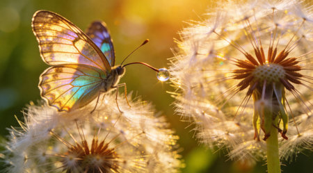 A creative digital illustration depicting Vibrant spring butterfly on a dandelion puff, extreme macro composition, golden hour backlighting, translucent photorealistic style, delicate and transformative mood, stock excellence.. This AI-generated artwork features unique visual elements suitable for various commercial and editorial applications. AI-generated illustration.の素材