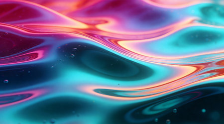 A creative digital illustration depicting Abstract gradient waves of love in turquoise to magenta with pulsing rhythms, wavy layered composition, underwater-like light refraction, fluid gradient art style, euphoric mood, seamless stock overla. This AI-generated artwork features unique visual elements suitable for various commercial and editorial applications. AI-generated illustration.の素材
