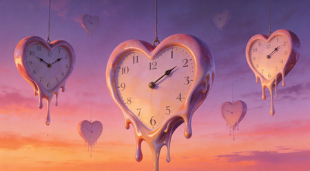 A creative digital illustration depicting Melting clock hearts in soft Dali-esque gradient surrealism, distorted perspective composition, twilight melting light effects, dreamlike abstract style, timeless yearning mood, 123RF artistic stock. This AI-generated artwork features unique visual elements suitable for various commercial and editorial applications. AI-generated illustration.の素材
