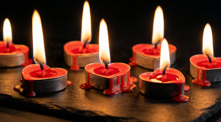 Dramatic symbolic digital illustration evoking intense passion through flickering light effects and melting forms in vivid red against dark slate. Intimate macro composition heightens emotional depth and romantic mood with striking highlights. Ideal for Valentine's Day cards, wedding stationery, love-themed ads, social media graphics, and branding visuals. . AI-generated digital illustration. AI-generated illustration.の素材