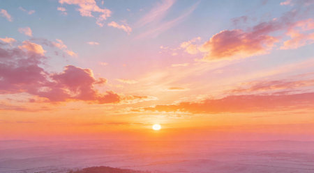 A creative digital illustration depicting Serene soft gradient horizon of blended sunrise oranges and loving pink skies, panoramic landscape composition, natural solar lighting with cloud wisps, peaceful sky art style, optimistic and dawn-of-. This AI-generated artwork features unique visual elements suitable for various commercial and editorial applications. AI-generated illustration.の素材