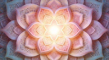 A creative digital illustration depicting Abstract love mandala of symmetrical blooming heart petals, intricate mandala composition, radiant center lighting, spiritual geometric style, meditative harmonious mood, professional quality.. This AI-generated artwork features unique visual elements suitable for various commercial and editorial applications. AI-generated illustration.の素材